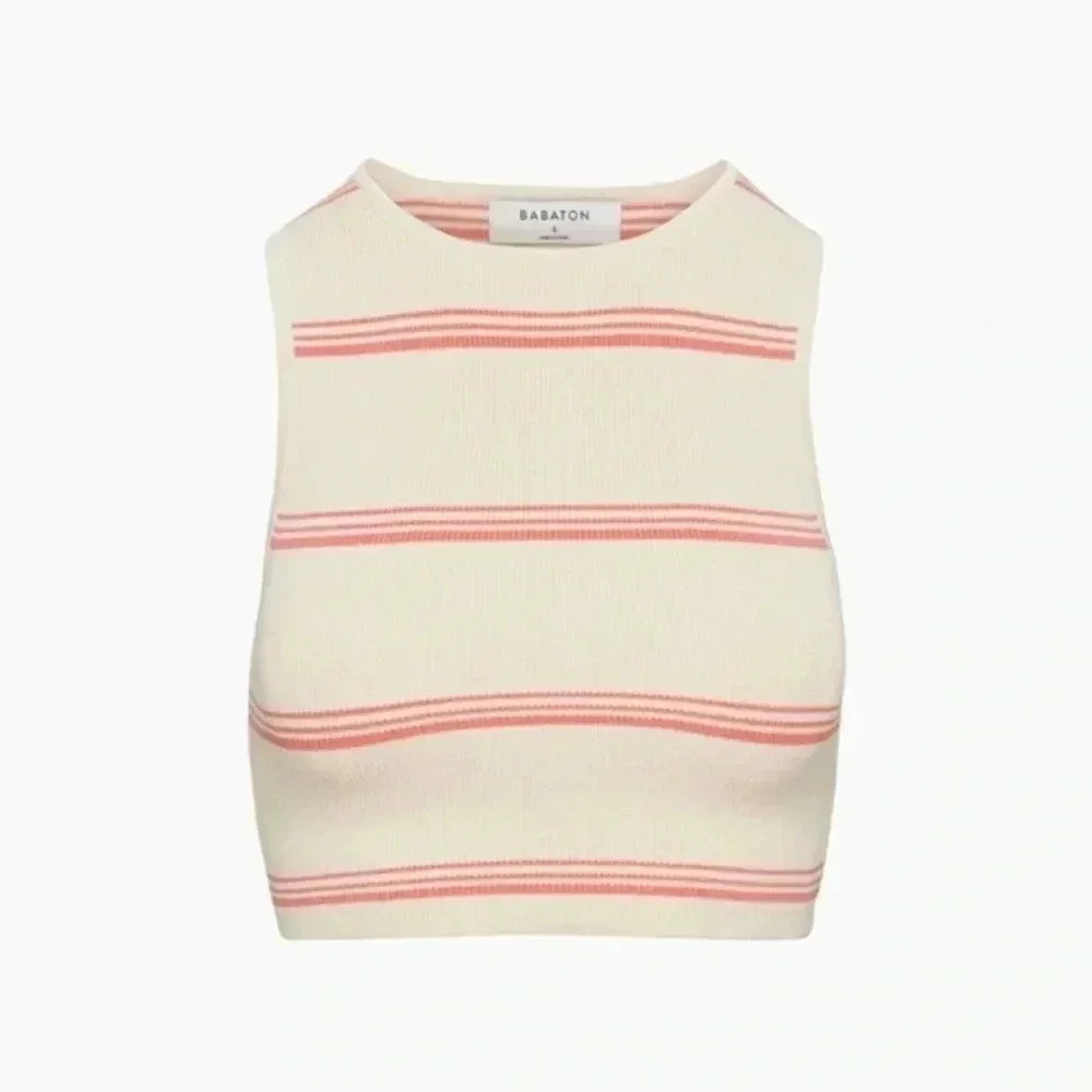 Babaton Aritzia Knit Racer Cream/Coral Striped Tank, Size Small